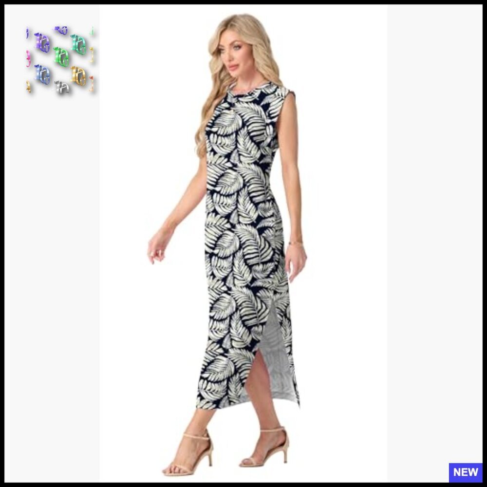 Summer Maxi Dress Casual Floral Round Neck Cap Sleeve with Pockets Boho Chic - Picture 2 of 5